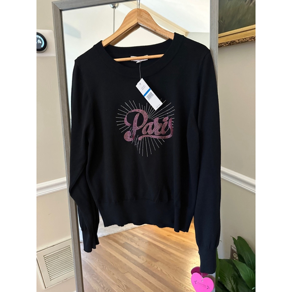 Women's Nanette Lepore Sweater XL Black Pink Paris Bling Rhinestone Logo - Picture 2 of 6